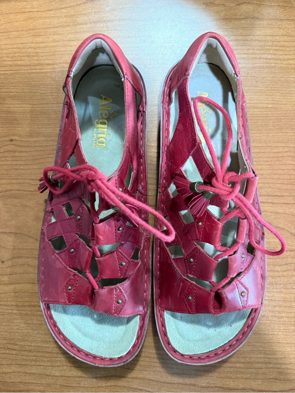 Alegria Red Leather Lace-Up Cutout Sandals